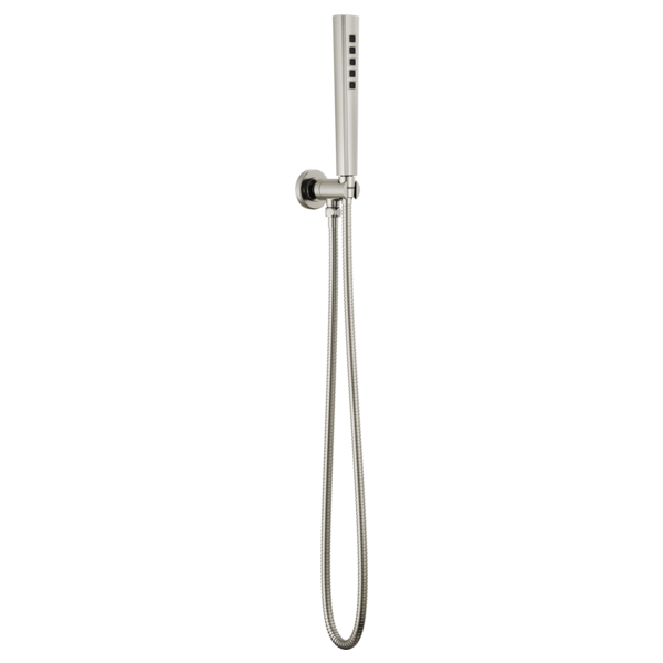 Luxe nickel handshower with wall mount bracket and flexible hose connector.