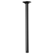 Matte black ceiling-mounted shower arm, 14 inches long, with round flange connector and threaded base.