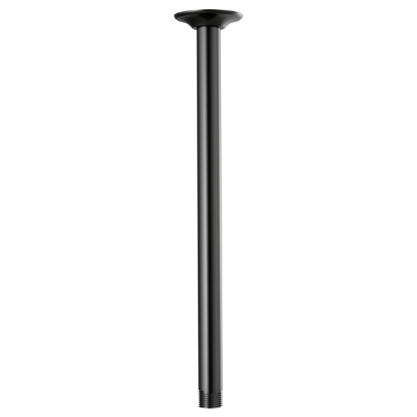 Matte black ceiling-mounted shower arm, 14 inches long, with round flange connector and threaded base.
