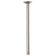 Brushed nickel ceiling mount shower arm with round flange, 14 inches long, vertical orientation.