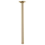 Luxe gold ceiling-mounted shower arm with round flange and threaded connection for shower head installation.