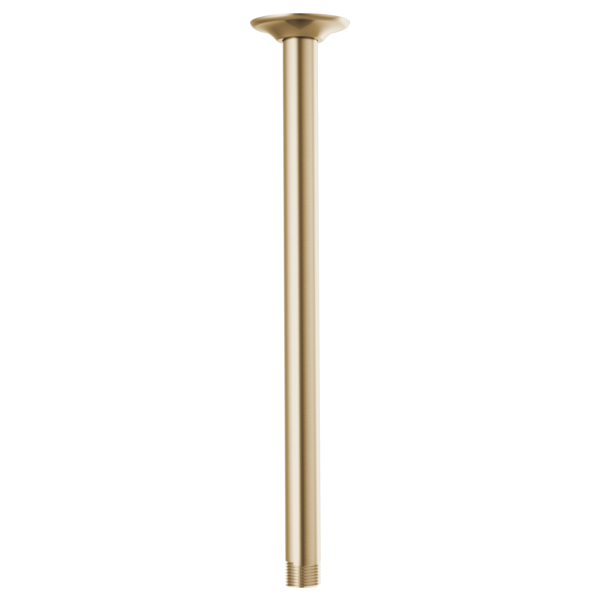 Luxe gold ceiling-mounted shower arm with round flange and threaded connection for shower head installation.
