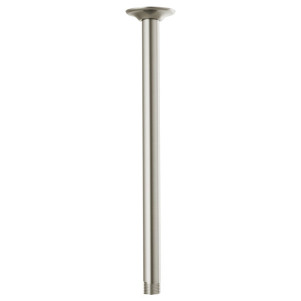 Brushed nickel ceiling mount shower arm, 14 inches long, with round flange connector at top.