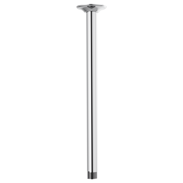Chrome ceiling mount shower arm with round flange, 14 inches long, threaded connection at base.