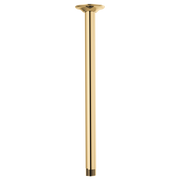 Polished gold ceiling mount shower arm with round flange and threaded connection, 14 inches long.