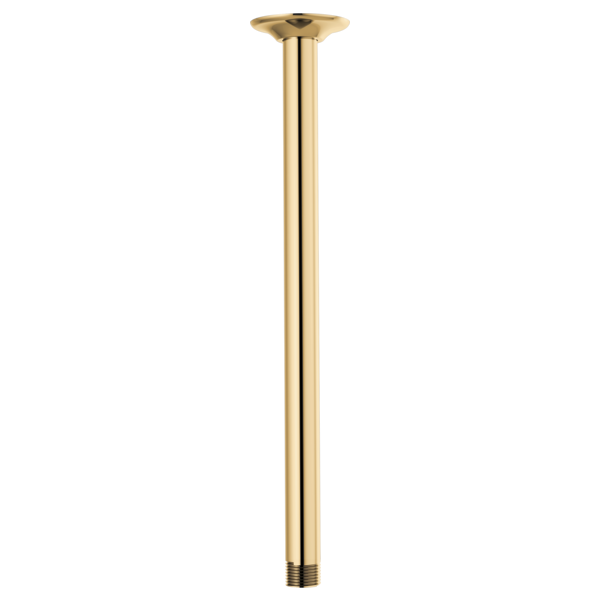 Polished gold ceiling mount shower arm with round flange and threaded connection, 14 inches long.