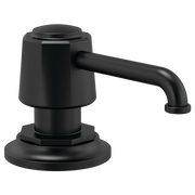 Matte black soap and lotion dispenser with cylindrical pump head and curved spout on round base.
