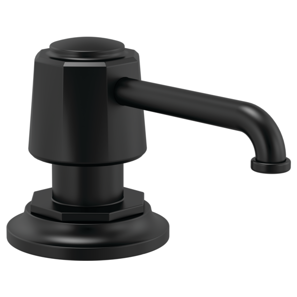 Matte black soap and lotion dispenser with cylindrical pump head and curved spout on round base.