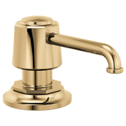 Polished gold soap and lotion dispenser with cylindrical pump head and curved spout on circular base.