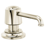Polished nickel cylindrical soap/lotion dispenser with curved spout and round base.