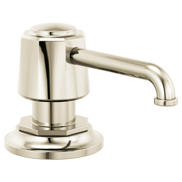 Polished nickel cylindrical soap/lotion dispenser with curved spout and round base.