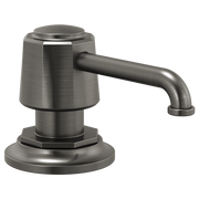 Brushed steel soap dispenser with cylindrical pump top and curved spout on round base.