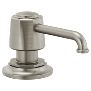 Stainless steel soap and lotion dispenser with cylindrical pump head and curved spout on round base.