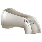 Polished nickel tub spout with curved design and diverter switch on side.
