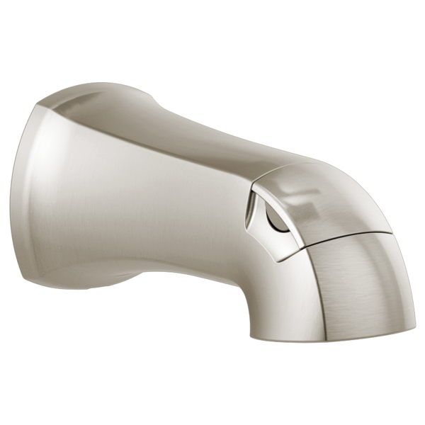 Polished nickel tub spout with curved design and diverter switch on side.