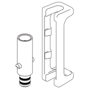 Two-piece water efficient adapter with cylindrical connector and rectangular mounting bracket, shown in technical line drawin