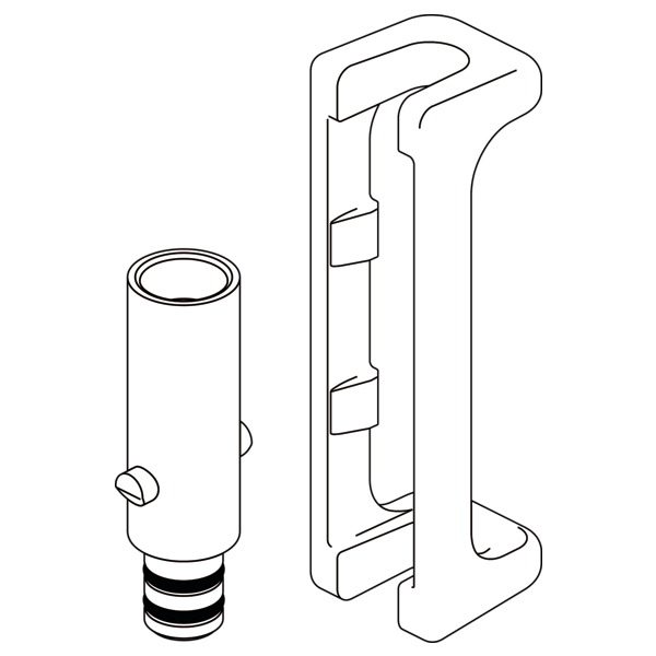 Two-piece water efficient adapter with cylindrical connector and rectangular mounting bracket, shown in technical line drawin