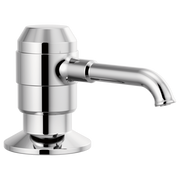 Chrome soap and lotion dispenser with cylindrical bottle reservoir and curved spout.