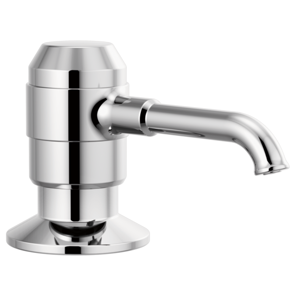 Chrome soap and lotion dispenser with cylindrical bottle reservoir and curved spout.