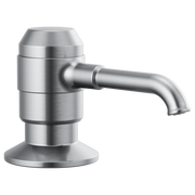 Stainless steel soap and lotion dispenser with curved spout and wide base in brushed metal finish.