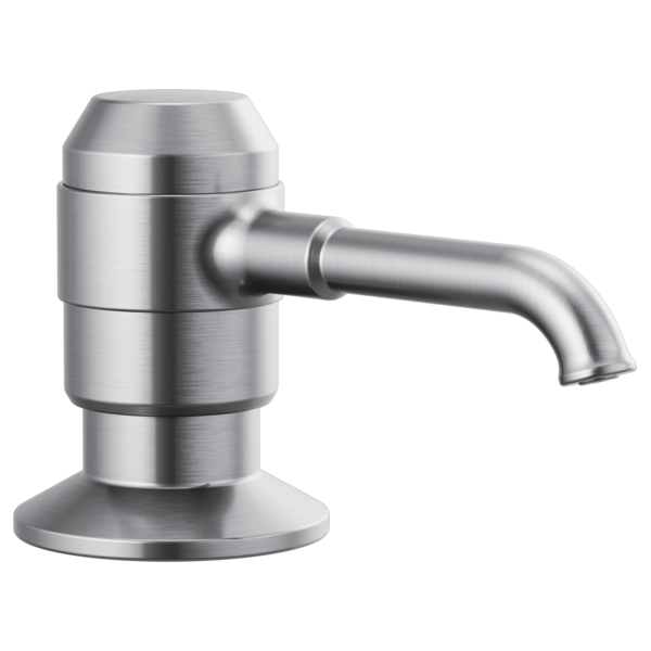 Stainless steel soap and lotion dispenser with curved spout and wide base in brushed metal finish.