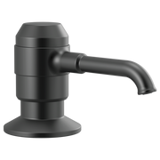 Matte black soap and lotion dispenser with curved spout and cylindrical pump body on circular base.