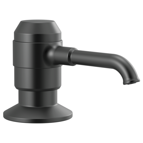 Matte black soap and lotion dispenser with curved spout and cylindrical pump body on circular base.