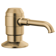 Champagne bronze soap dispenser with cylindrical pump body and curved spout extending from side.