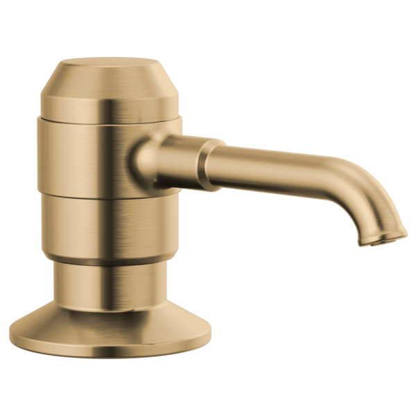 Champagne bronze soap dispenser with cylindrical pump body and curved spout extending from side.