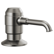 Black stainless steel soap and lotion dispenser pump with curved spout and circular base.