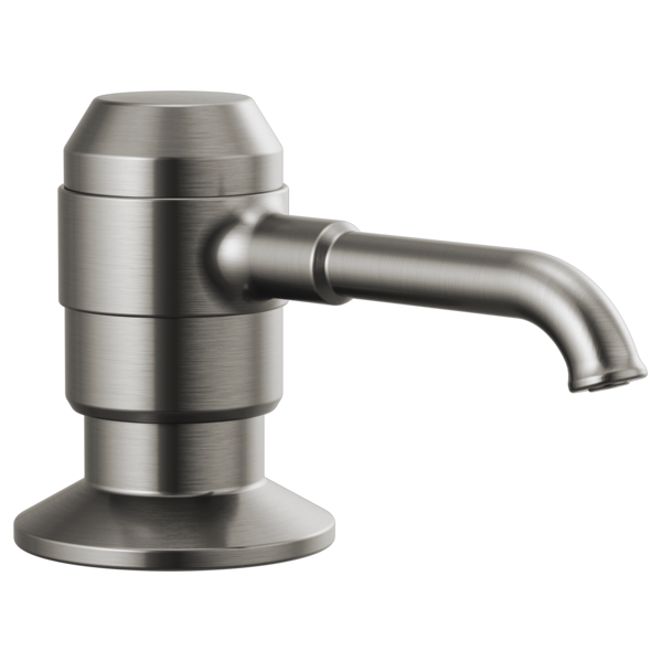 Black stainless steel soap and lotion dispenser pump with curved spout and circular base.