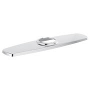 Chrome and white elongated escutcheon plate with circular chrome collar for kitchen faucet installation.