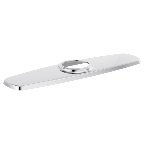 Chrome and white elongated escutcheon plate with circular chrome collar for kitchen faucet installation.