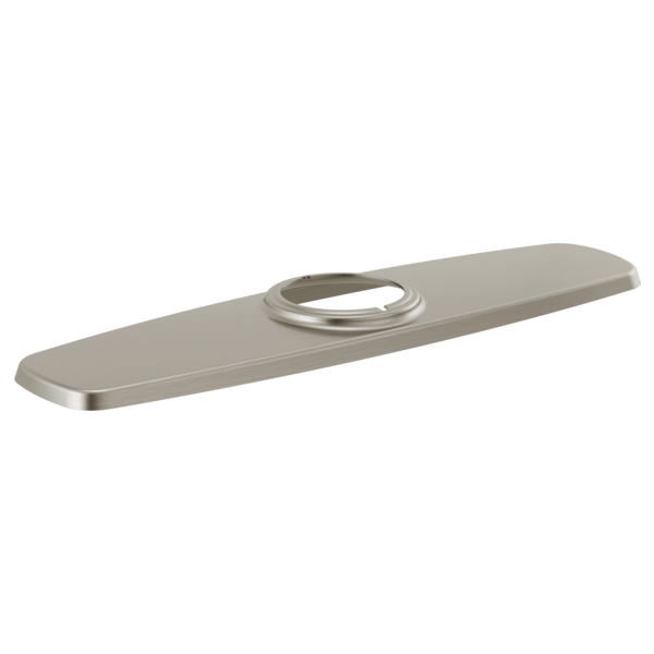 Brushed nickel escutcheon plate with oval opening for kitchen faucet installation.