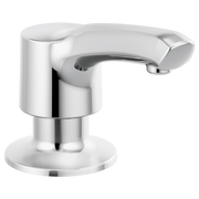 Chrome soap dispenser with curved spout and cylindrical pump base.