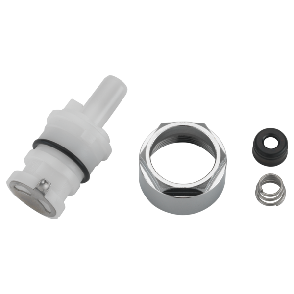 Delta Portwood bonnet nut repair kit with white cartridge, chrome hexagonal nut, and rubber and metal washers.