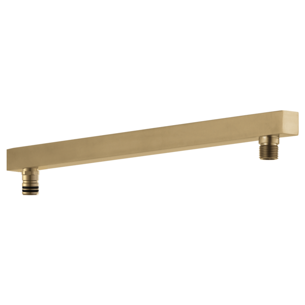 Angular shower arm in champagne bronze finish with threaded connection ports at each end.