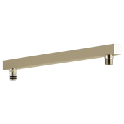 Polished nickel angular shower arm with male threaded connections on both ends.