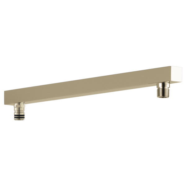 Polished nickel angular shower arm with male threaded connections on both ends.