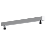 Angular chrome shower arm with two threaded connection ports on underside for mounting.
