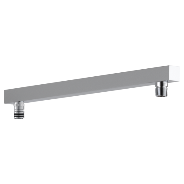 Angular chrome shower arm with two threaded connection ports on underside for mounting.