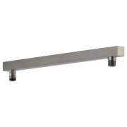 Angular stainless steel shower arm with two threaded connection points on ends.