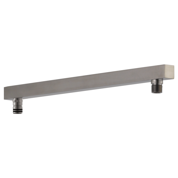 Angular stainless steel shower arm with two threaded connection points on ends.