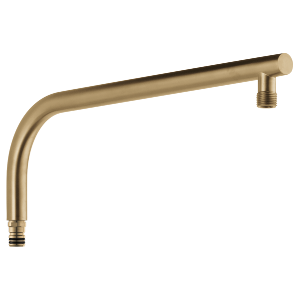 Round champagne bronze shower arm with threaded connections on both ends, curved L-shape design.