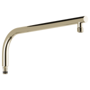 Polished nickel shower arm with round profile and threaded connections at both ends.