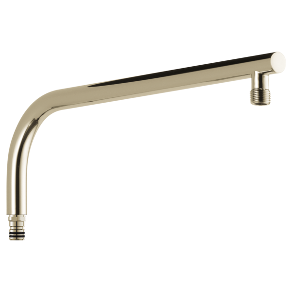 Polished nickel shower arm with round profile and threaded connections at both ends.