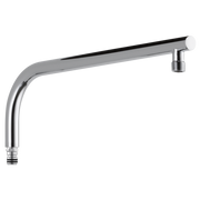 Round chrome shower arm with curved vertical section and angled horizontal section, threaded connections at both ends.
