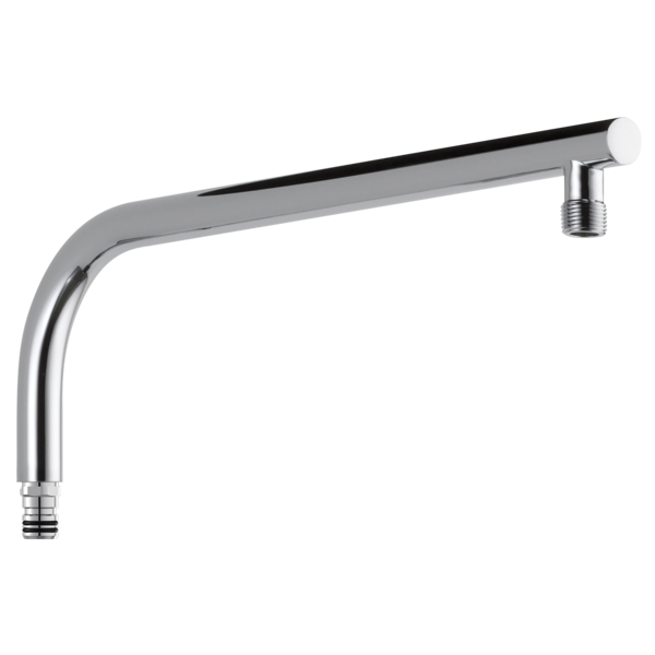 Round chrome shower arm with curved vertical section and angled horizontal section, threaded connections at both ends.