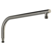 Stainless steel shower arm with round profile, threaded connections at both ends, and 90-degree angle bend.
