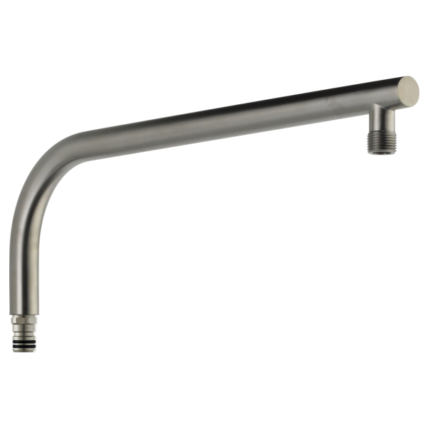 Stainless steel shower arm with round profile, threaded connections at both ends, and 90-degree angle bend.